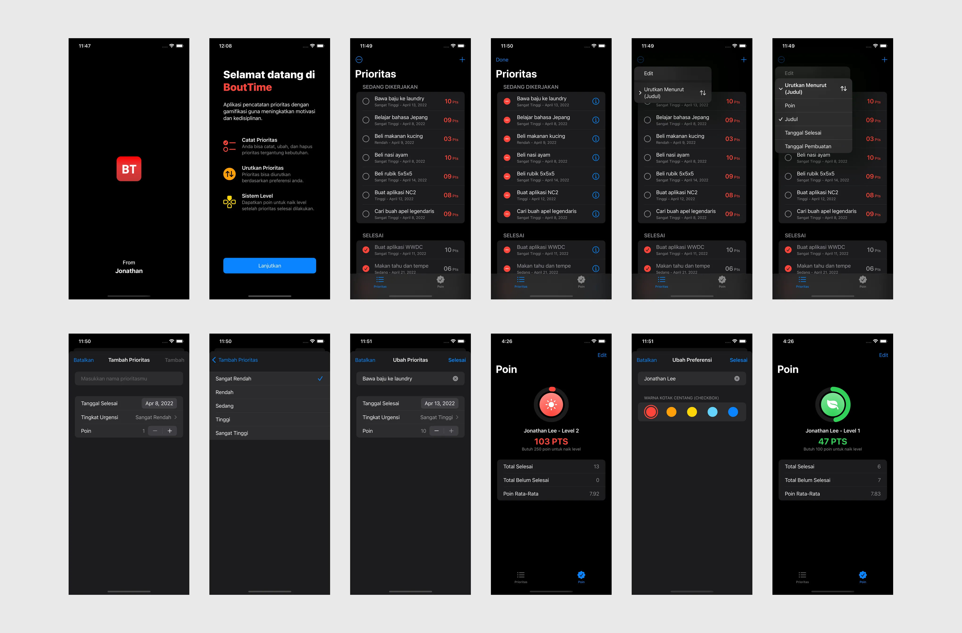 Dark mode mockup for BoutTime app